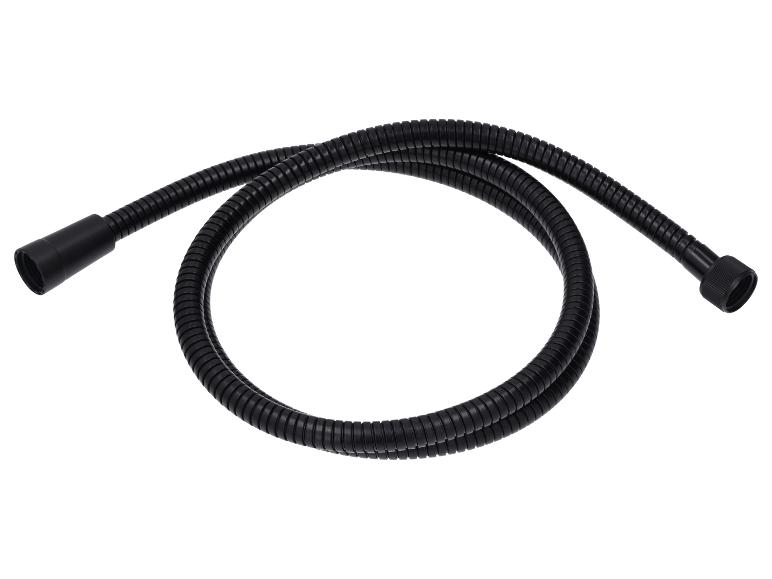 Zwarte flexibele doucheslang met geribbeld oppervlak en connectoren aan beide uiteinden