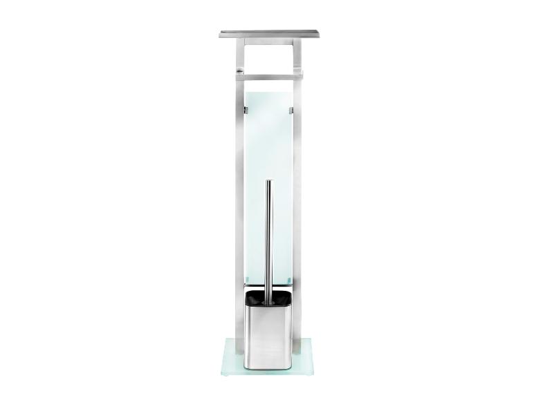 Moderne toiletborstelhouder van roestvrij staal en glas.