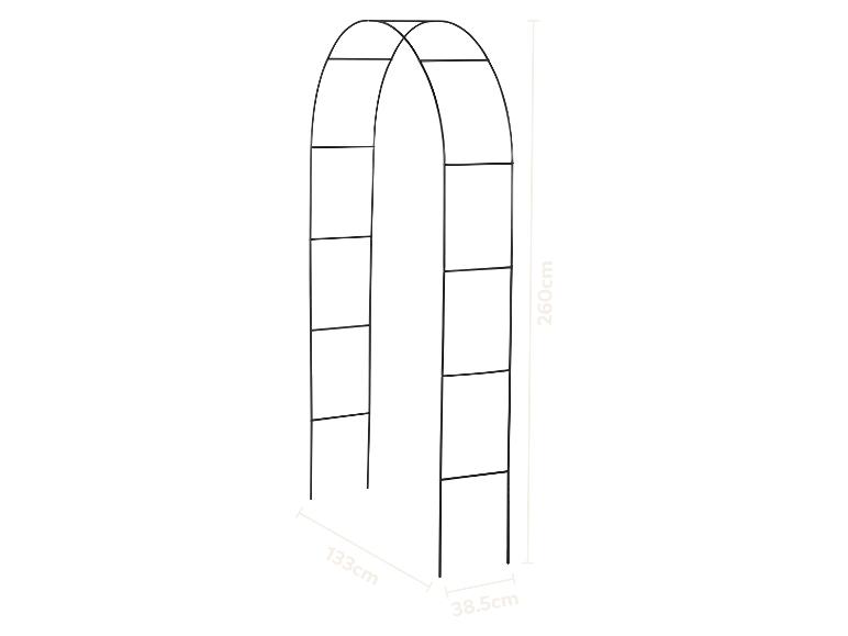 Zwarte metalen tuinboog met afmetingen van 260 cm (hoogte), 133 cm (breedte) en 38,5 cm (diepte).