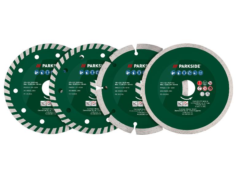 Vier groen-grijze Parkside slijpschijven voor haakse slijper.