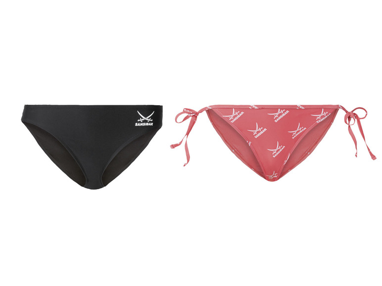 Twee zwarte en roze bikini's met Sanssibar logo.