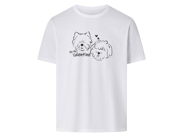 Wit T-shirt met een print van twee honden en de tekst 'Be My Valentine'.