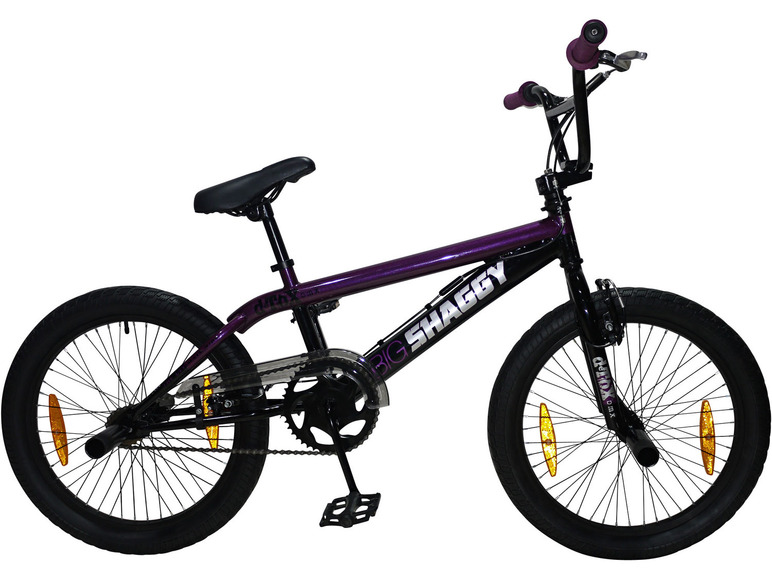 Een paarse Big Shaggy BMX-fiets met zwarte wielen.