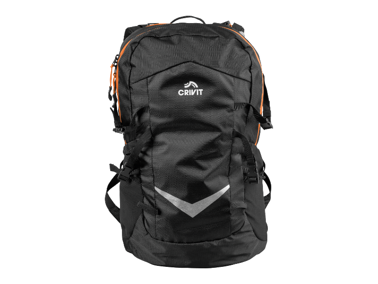 Zwarte Crivit rugzak met oranje details.