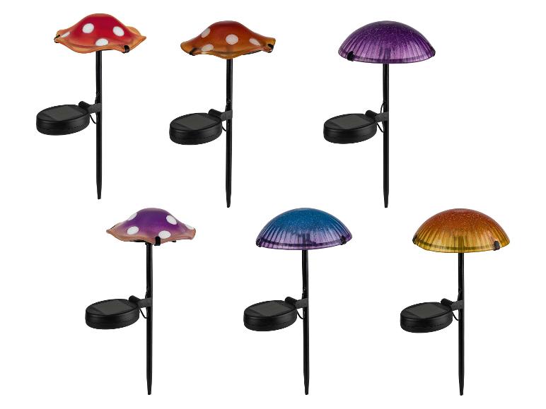 Zes zonne-aangedreven lampen in de vorm van paddenstoelen in verschillende kleuren.