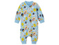 Een blauwe baby romper met Looney Tunes personages.