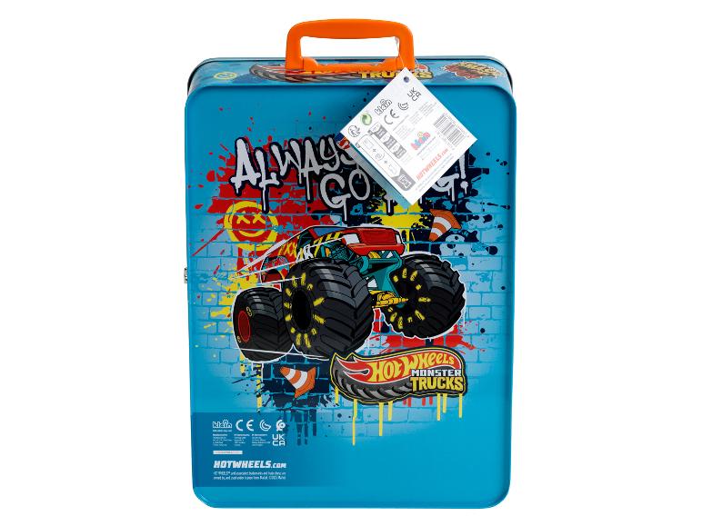 Een blauwe Hot Wheels Monster Trucks metalen lunchbox met een oranje handvat.