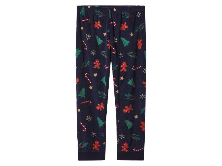 Donkerblauwe pyjamabroek met kerstpatroon van peperkoekmannetjes, kerstbomen en zuurstokken.