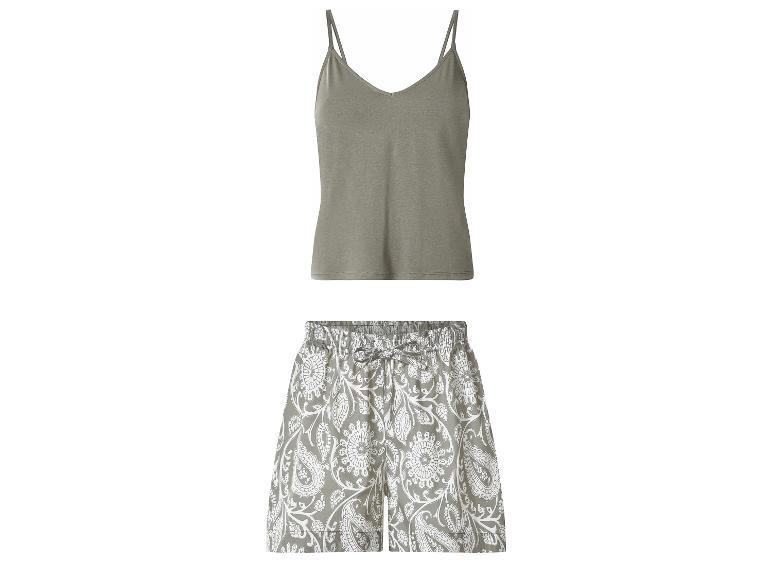 Damespyjamaset met kaki spaghettibandjestop en bedrukte shorts
