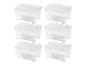 Set van zes transparante plastic opbergdozen met deksels.