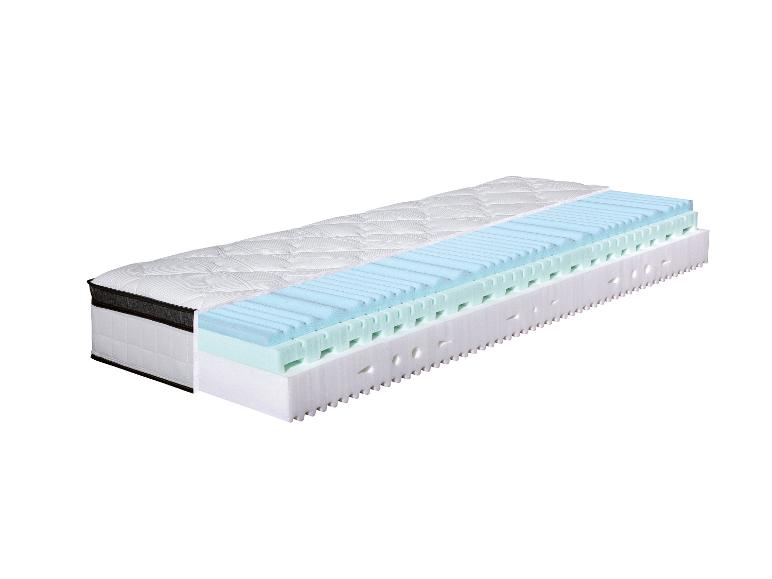 Matras met zichtbare schuimlagen in verschillende kleuren en texturen.