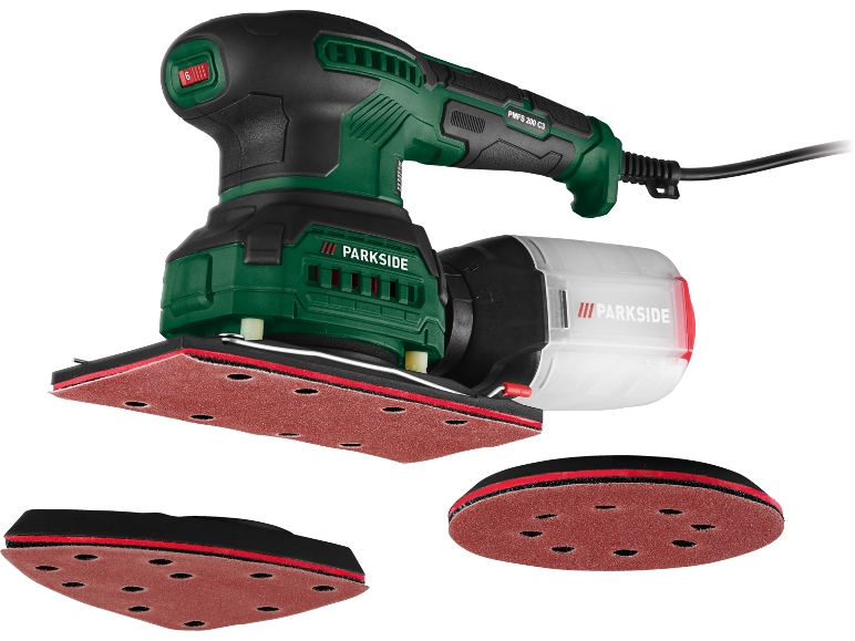 Een multischuurmachine met stofbak en twee extra schuurpads.