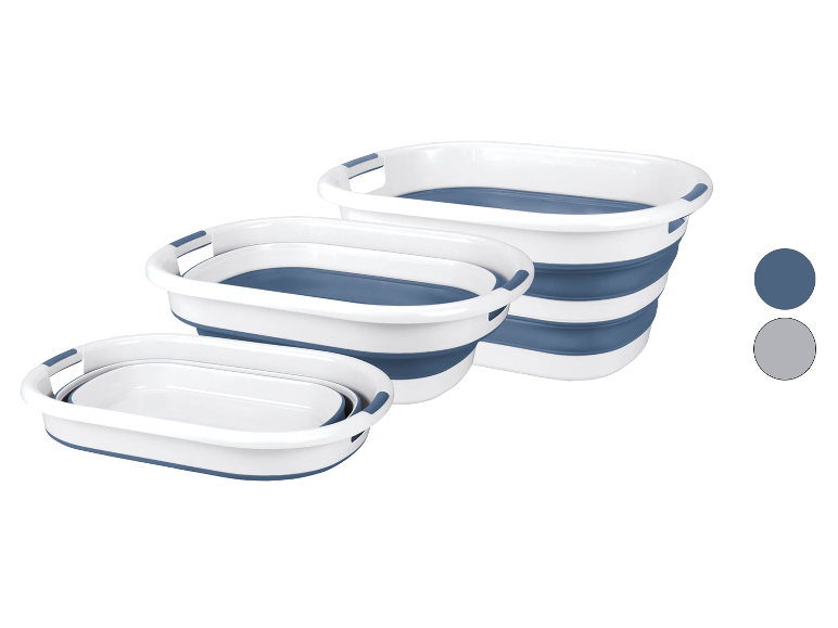 Set van drie opvouwbare kommen in wit en blauw.