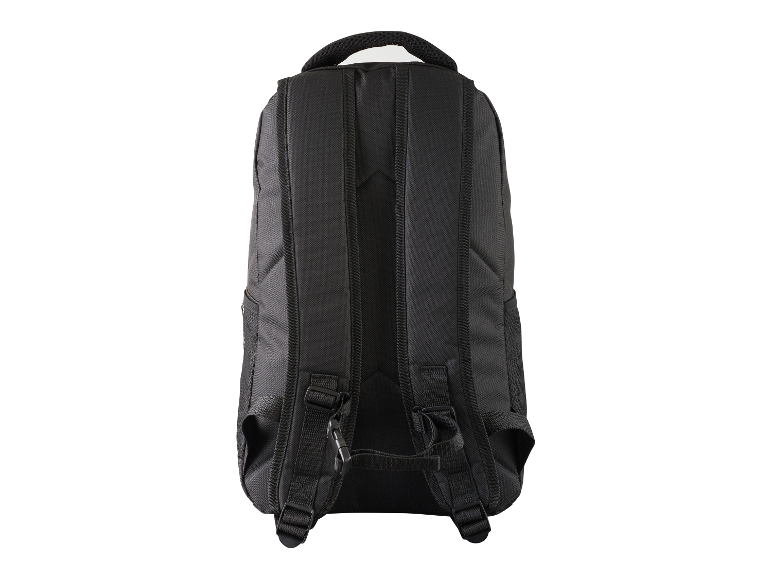 Een zwarte rugzak van achteren gezien.