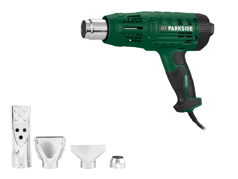 Groen heteluchtpistool met zwarte handgreep en vier metalen mondstukken.