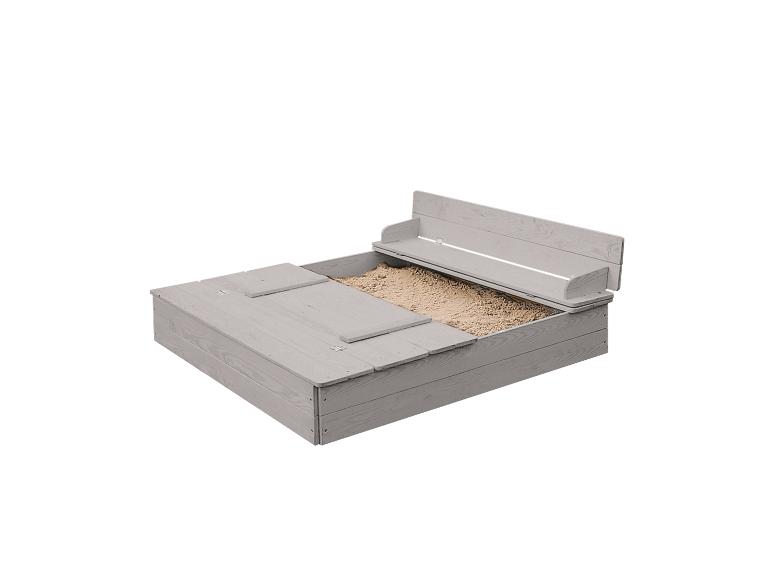 Houten zandbak met bankjes en deksel.