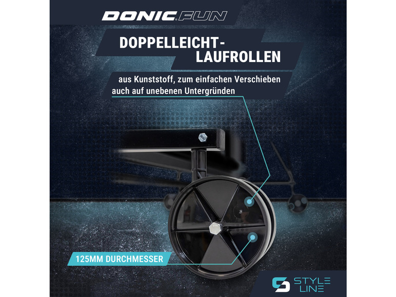 Donic.Fun DOPPELLEICHT-LAUFROLLEN, 125mm wielen voor eenvoudig verplaatsen.