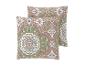 Twee decoratieve kussens met een bloemen- en bladpatroon in groene, roze en blauwe tinten.