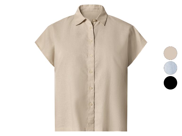 Beige damesoverhemd met korte mouwen en drie kleuropties.