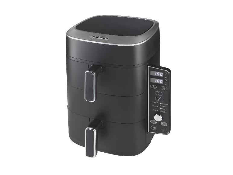 Zwarte dubbele airfryer met digitaal display dat 150°C en 180 minuten weergeeft.