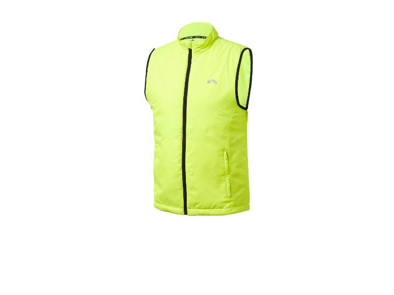 Reflecterend hardloopvest in neongeel met een zwarte rits.