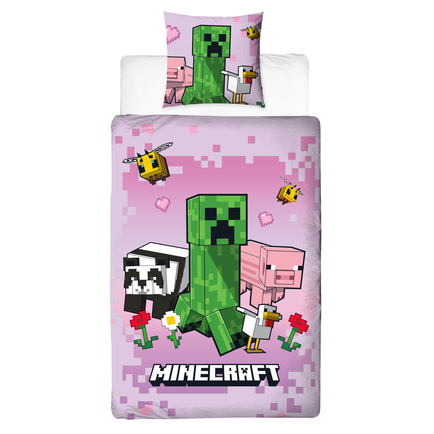 Kinder dekbedovertrek Minecraft, 140 x 200 cm (Lichtroze)
