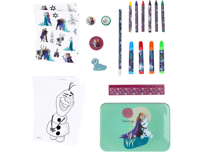 Frozen knutselset met stickers, kleurplaten, kleurpotloden, stiften en een blikken doos.