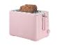 Roze broodrooster met twee sneetjes volkorenbrood.