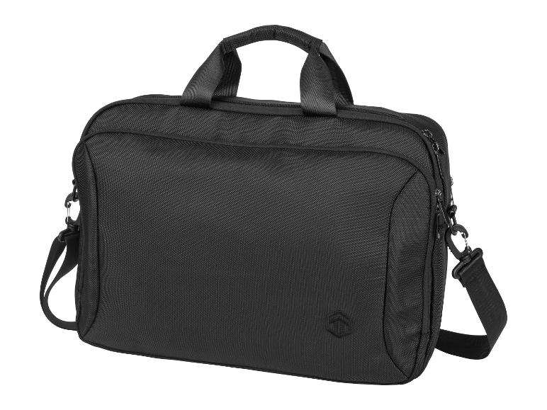 Een zwarte laptoptas met schouderband.