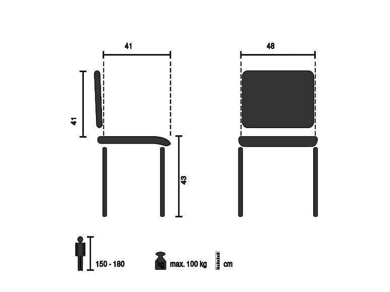 Stoelafmetingen: 41 cm rugleuning, 43 cm zithoogte, 48 cm breedte; max. 100 kg belasting.