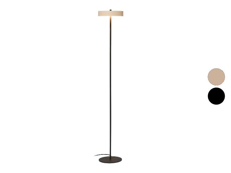 Moderne vloerlamp met een zwarte standaard en een beige ronde kap, met kleuropties.
