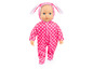 Een roze babypop met witte stippen, gekleed in een konijnenpakje.