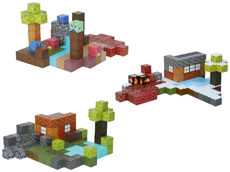 Drie sets wereld-bouwblokken met huizen, bomen, rivieren en monsters.