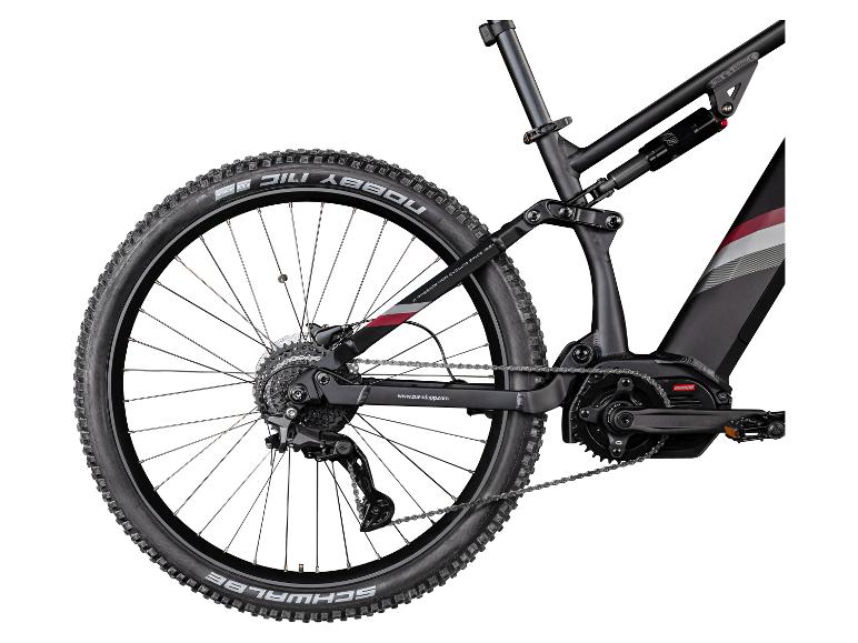 Zwarte full-suspension elektrische mountainbike met Schwalbe banden.