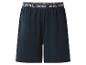 Donkerblauwe pyjamashorts met elastische tailleband met de tekst 'ATHL. DPMT'.