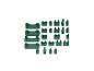 Groene plastic clips en bevestigingsmiddelen in diverse maten en vormen