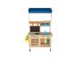 Houten speelkeuken met blauwe luifel, gootsteen, fornuis en tuingereedschap.