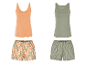 Twee dames pyjama sets: een oranje met bloemen shorts, een groene met gestreepte shorts.