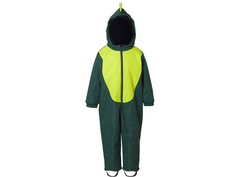 Donkergroen en neongeel kinder skipak met dinosaurus capuchon.