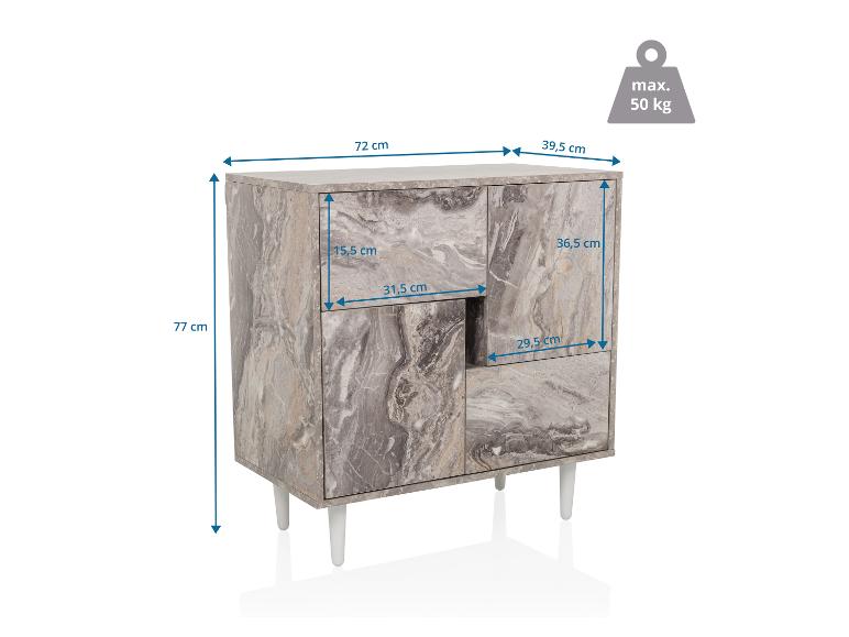 Kast met marmerpatroon, 77x72x39,5 cm, met een lade en deuren.