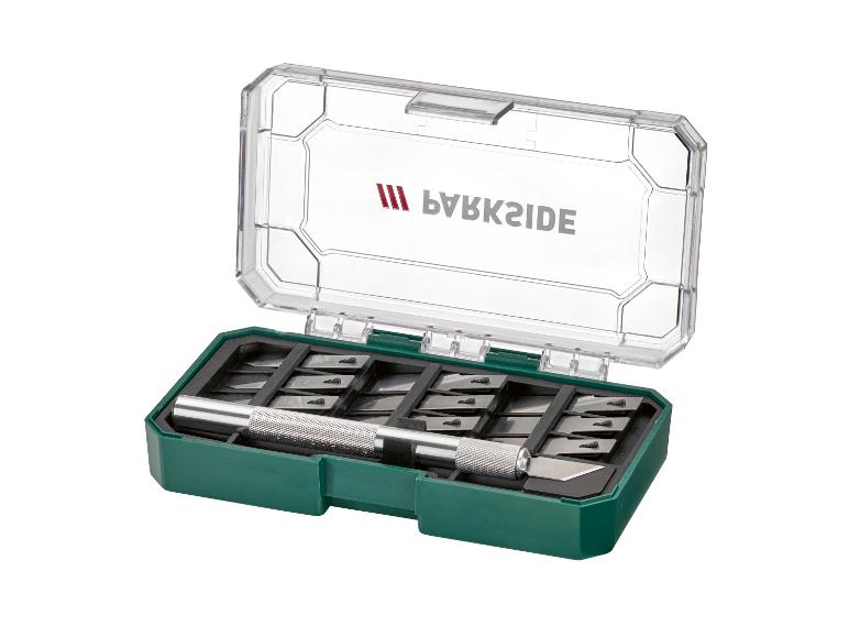 Parkside precisie messenset met handvat en diverse mesjes in een groene opbergdoos.