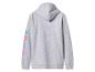 Grijze hoodie met kleurrijke geometrische patronen op de mouw.