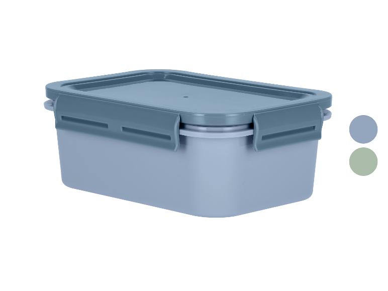 Blauwe en grijze voedselcontainer met deksel.