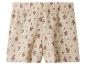 Lichtbeige shorts met een klein paars bloemenpatroon en een elastische tailleband.