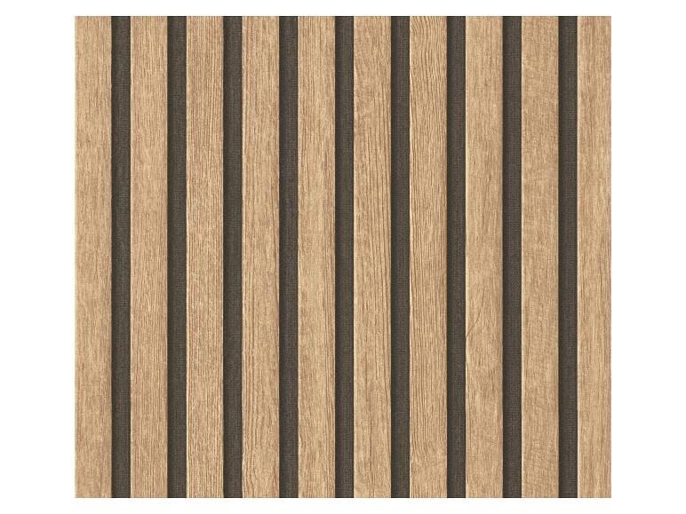 Houten lattenwandpaneel met afwisselende lichte hout- en donkere getextureerde stroken.