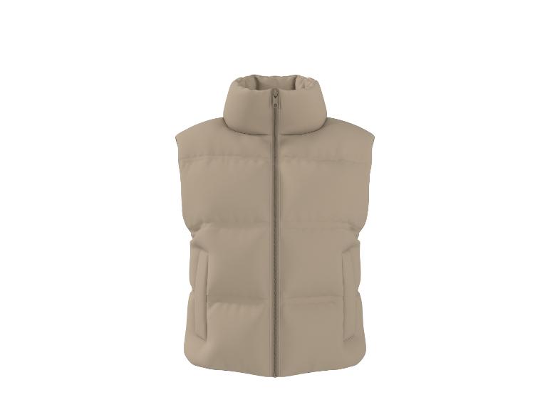 Beige gewatteerde bodywarmer met hoge kraag en ritssluiting, vooraanzicht.