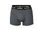 Grijze herenboxershort met zwarte elastische tailleband en witte tekst.