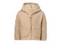 Beige kinderjas met capuchon en rits, gemaakt van een zachte, wollige stof.