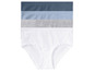 Drie paar damesonderbroeken, wit, grijs en blauw.