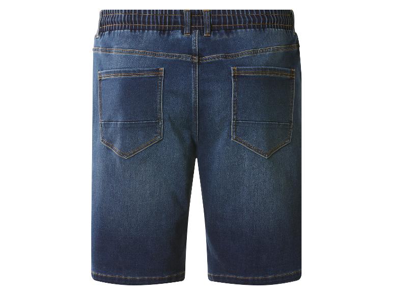 Blauwe denim herenshort met elastische tailleband, achteraanzicht